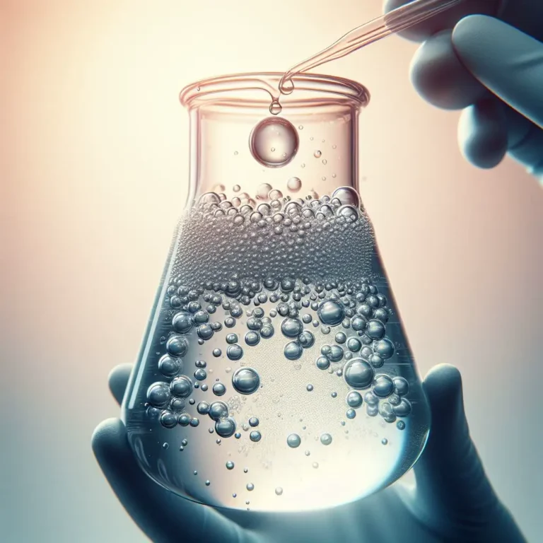 Chemist adding defoaming chemical into a beaker full of liquid with much foam in